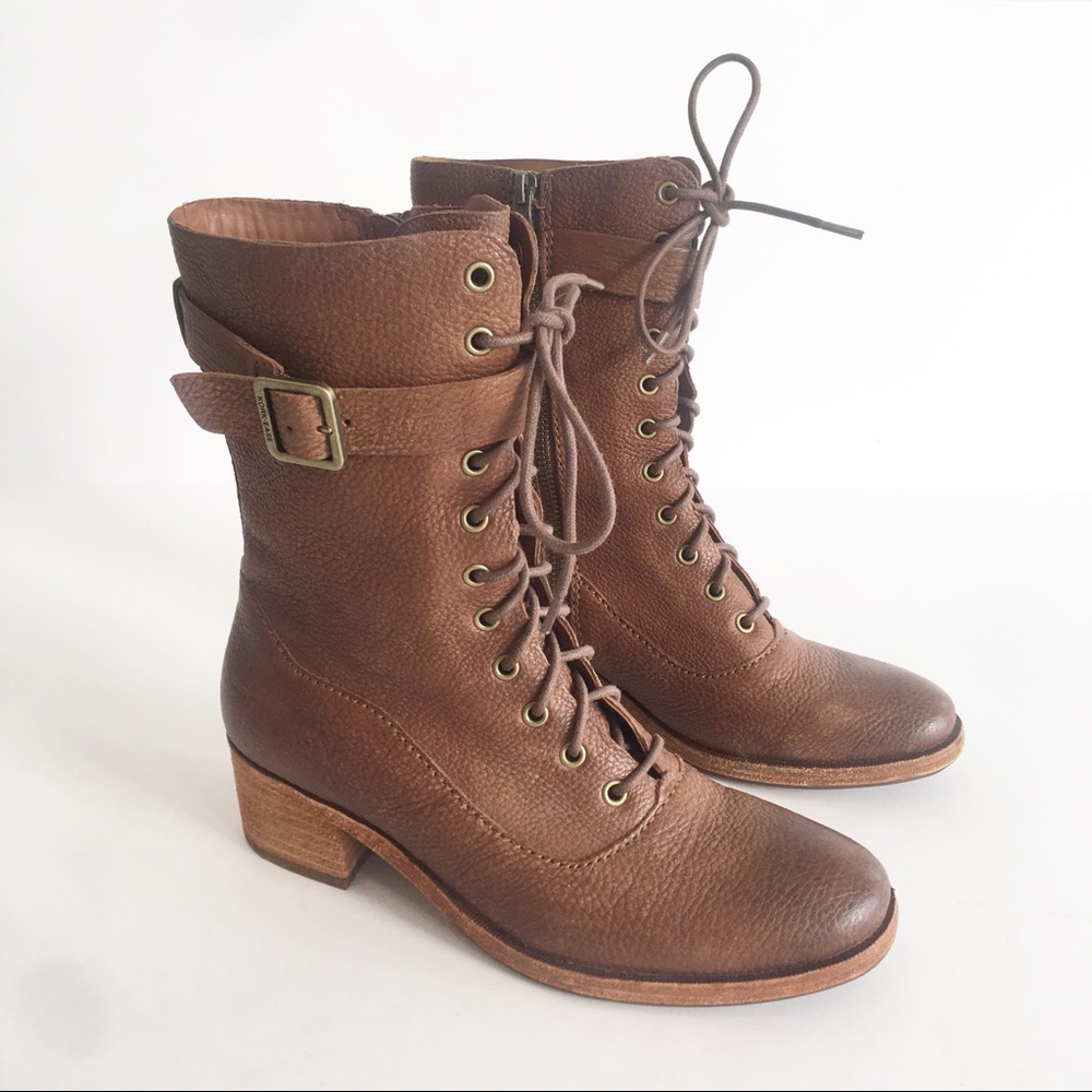 Kork-Ease Mona Leather Boots Brown Heeled Lace Up Combat Buckle Side Zip Sz 6.5